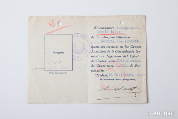 Guerra Civil - Carnet "Ejército del Centro Comandancia General de ingenieros" núm. 887