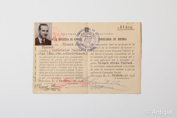 Guerra Civil - Certificado de trabajo Industrias de Guerra de la Generalitat de Catalunya 1936