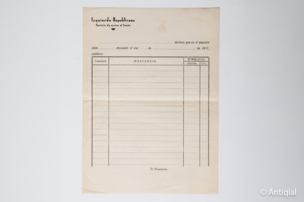 Spanish Civil War - Form for the Shipping Service at the ERC front