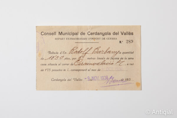 Spanish Civil War - War Tax Cerdanyola del Vallès 1936