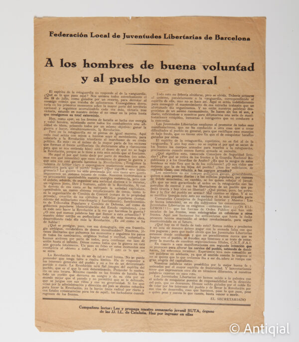 Guerra Civil - Panfleto "A los hombres de buena voluntad y al pueblo en general" - Anarquismo