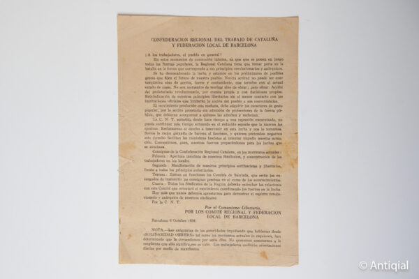 Segunda República - Panfleto CNT 6 de octubre 1934 - Anarquismo