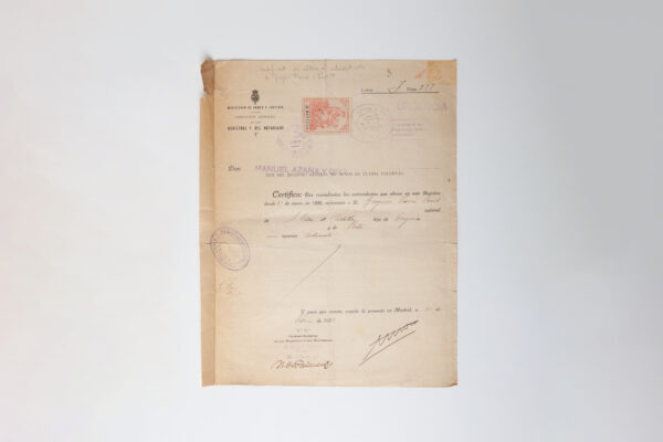 Primera República- Període Alfonsí - Certificado notarial firmado por Manuel Azaña